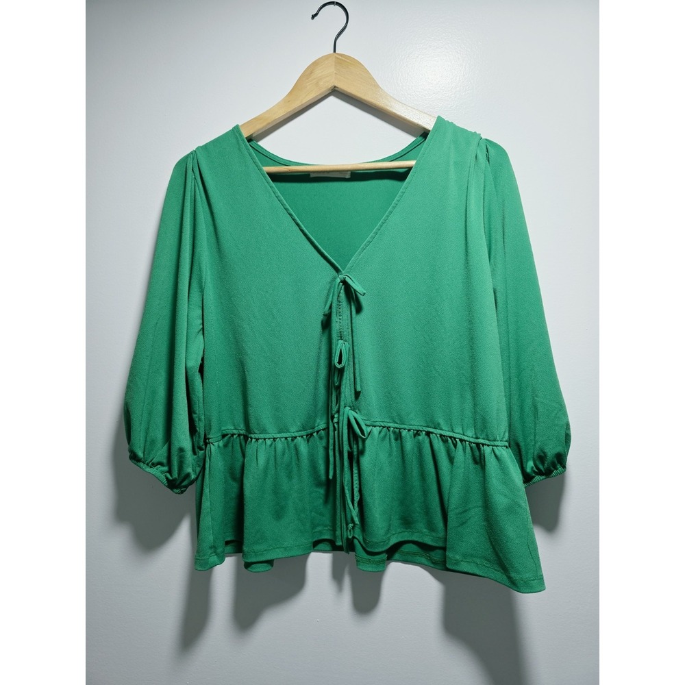 Intempo Womens Blouse Tie Front Top V-Neck Green Size XXL 3/4 Sleeve